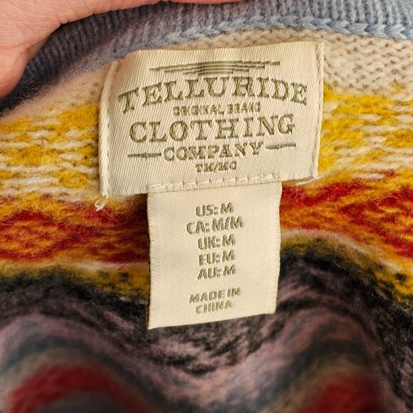 Telluride Blue White Yellow Fair Isle Merino Wool Sweater Sz M - Picture 6 of 8